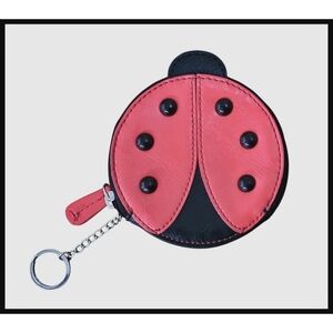 Vintage RELIC Ladybug Round Leather Coin Purse Metal Keychain Zipper Y2K